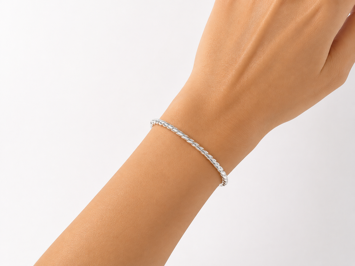 Bracelete Trabalhado Torcido Ródio Branco