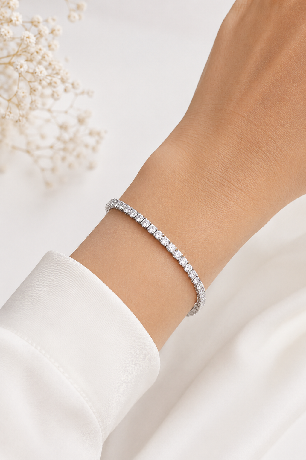 Pulseira Riviera 3mm Cristal Fecho Joia Ródio Branco