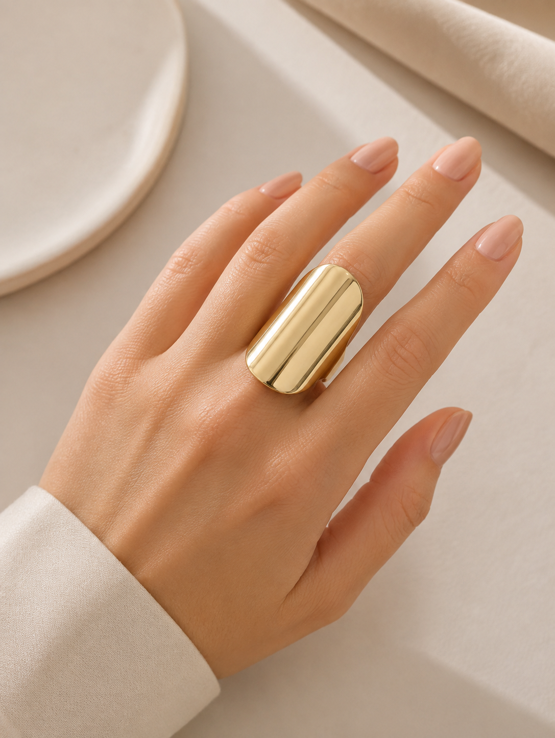 Anel Oval Alongado Liso Regulável Ouro 18k