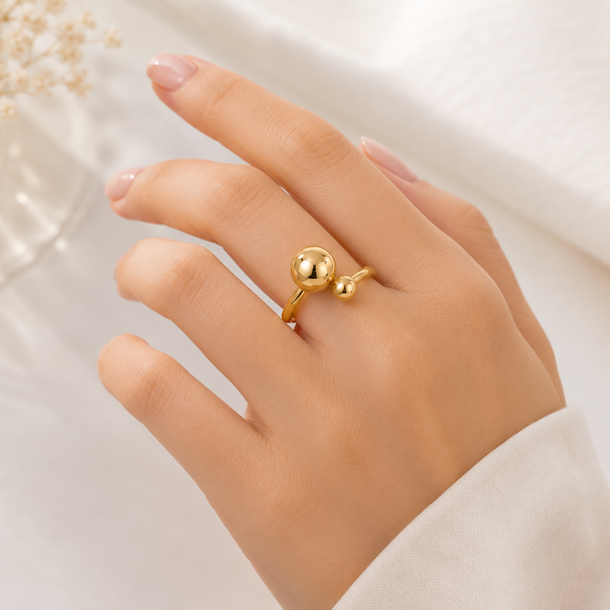 Anel Duas Esferas Pequena/Grande Regulável Ouro 18k