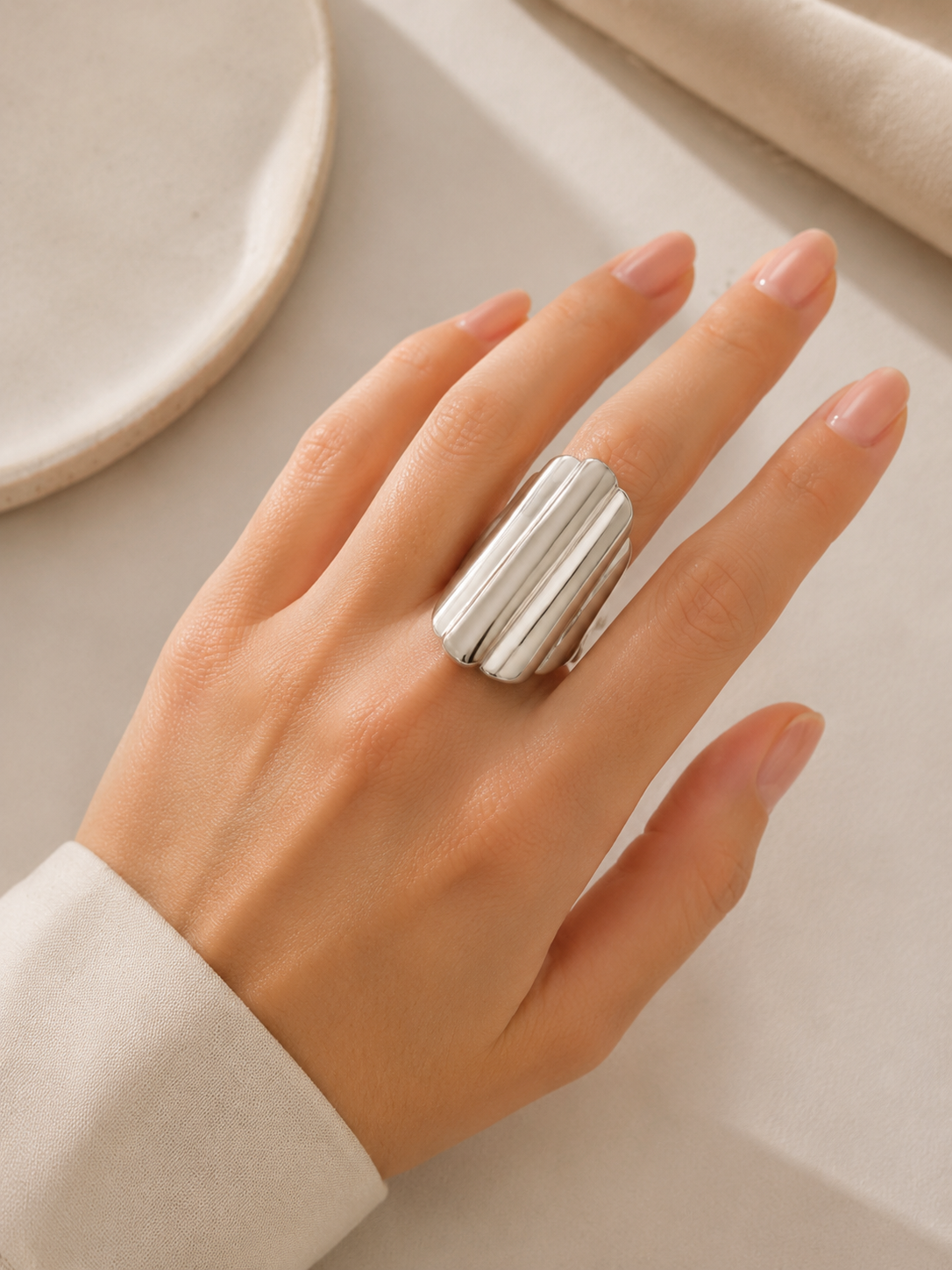 Anel Oval Alongado Liso Ródio Branco
