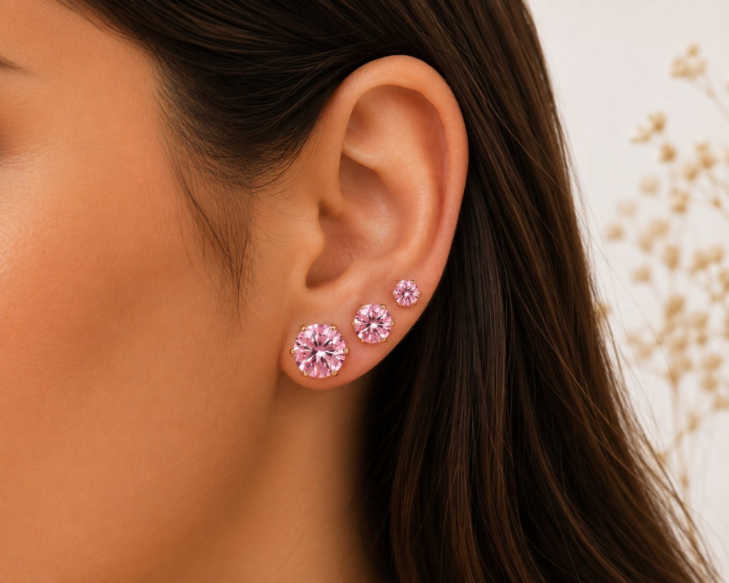 Brinco Trio Zircônia Quartzo Rosa Ouro 18k