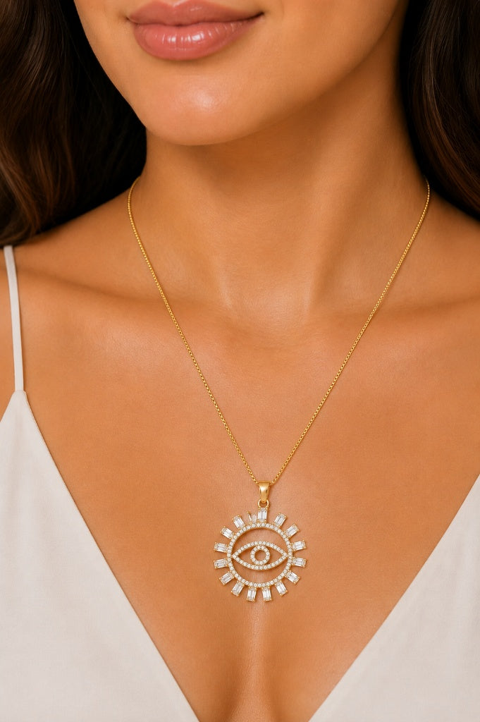 Colar Olho Grego Navete Cristal Ouro 18k