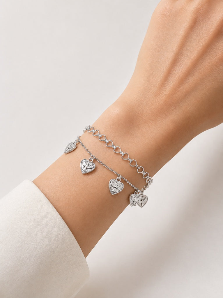 Pulseira Dupla Coração com Espírito Santo Ródio Branco