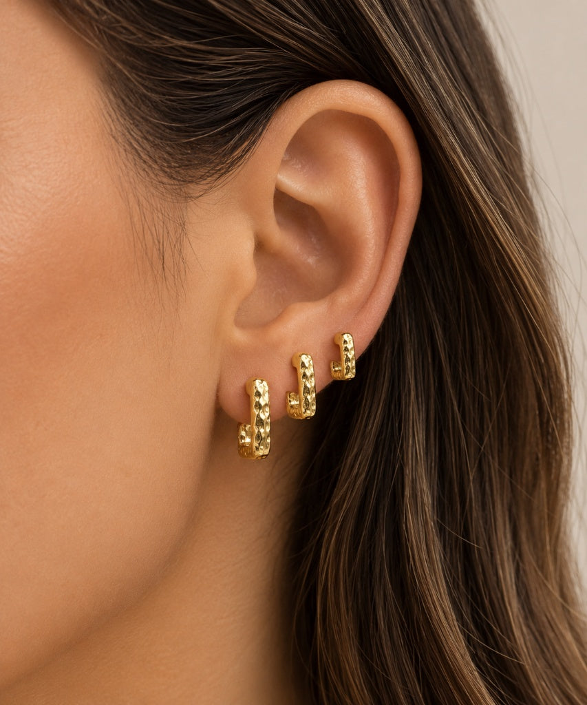 Brinco Trio Argola Retangular Martelada MontClair Ouro 18k