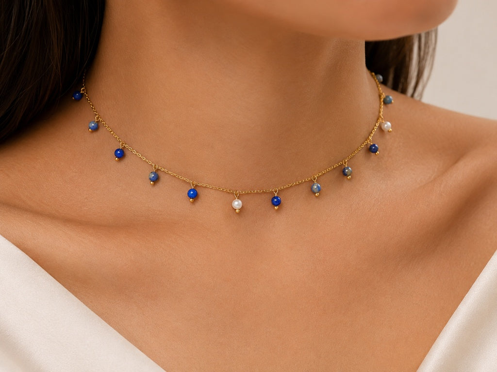 Choker Rondell com Pedra Natural Lapis Lazuli e Pérola Ouro 18k