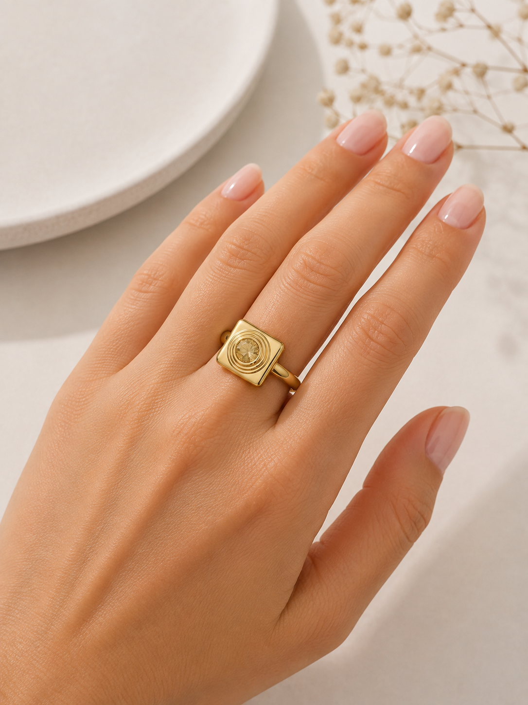 Anel Quadrado Citrino Ouro 18k