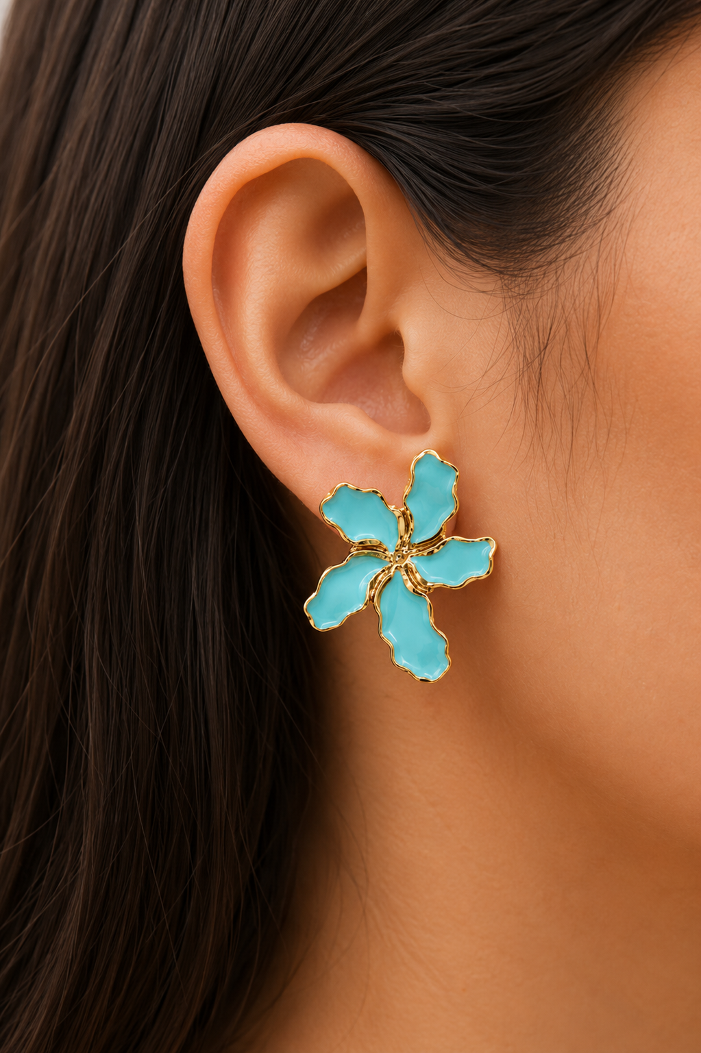 Brinco Flor Estrela Esmaltado Azul Ouro 18k