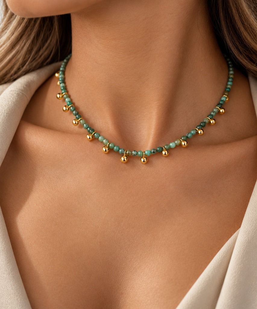 Colar Bolinhas com Pedras Naturais Ouro 18k
