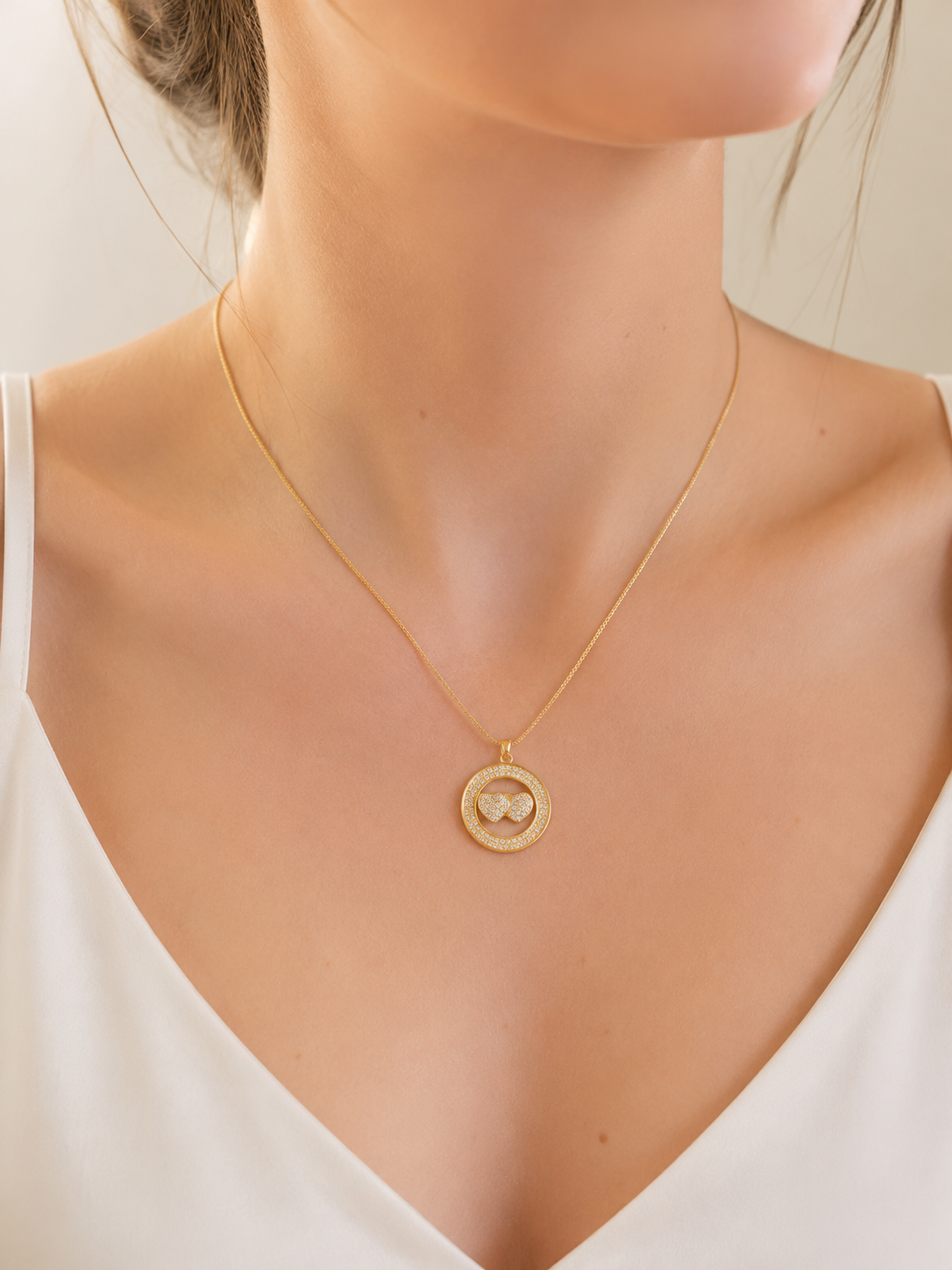 Colar Dois Corações Cravejado Ouro 18k