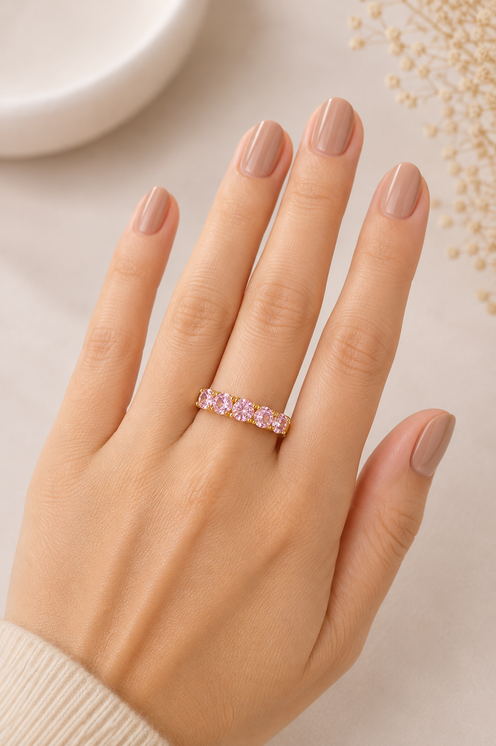 Anel Rainbow Meia Aliança Quartzo Rosa Ouro 18k