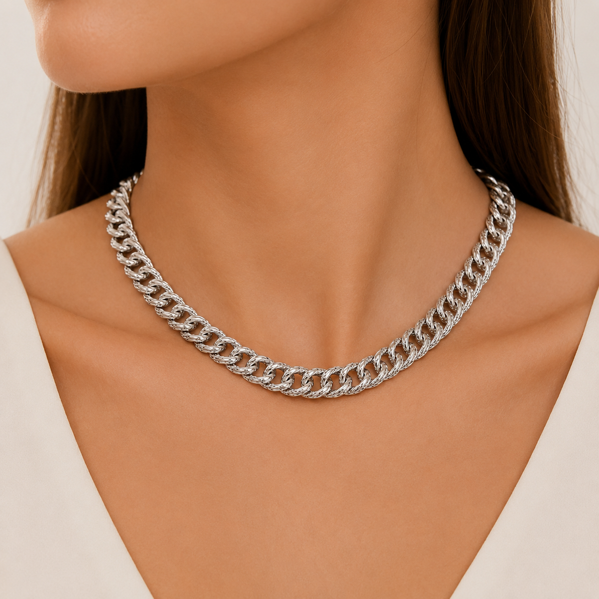 Choker Elo Duplo Trabalhado Ródio Branco