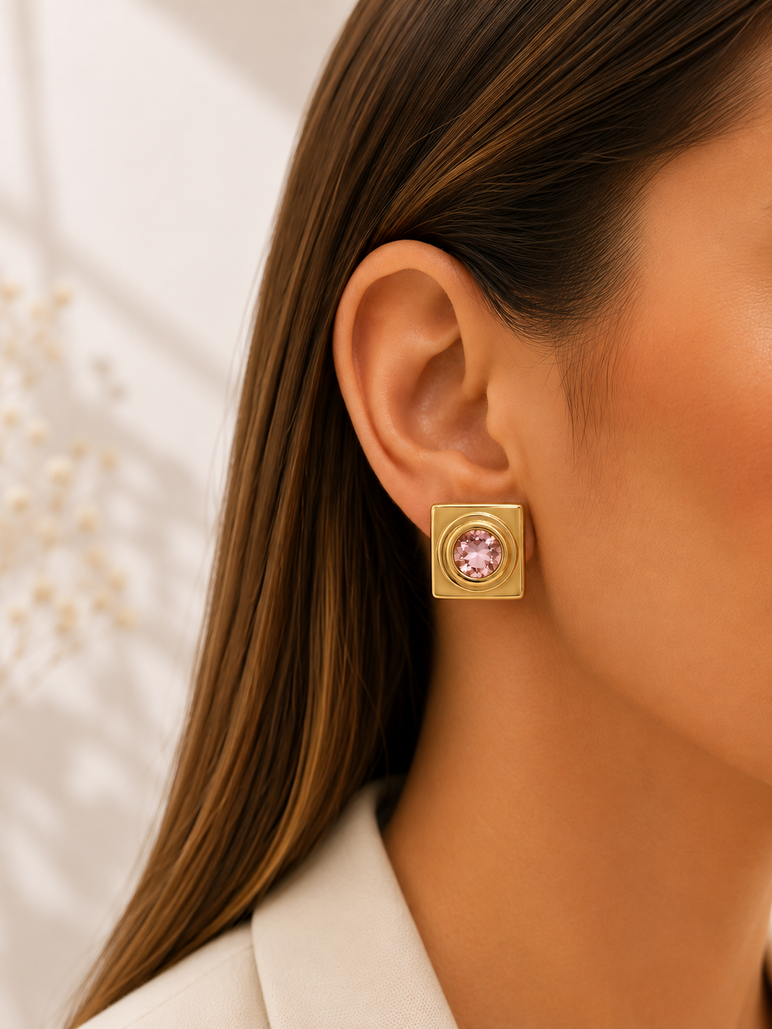 Brinco Quadrado Quartzo Rosa Ouro 18k