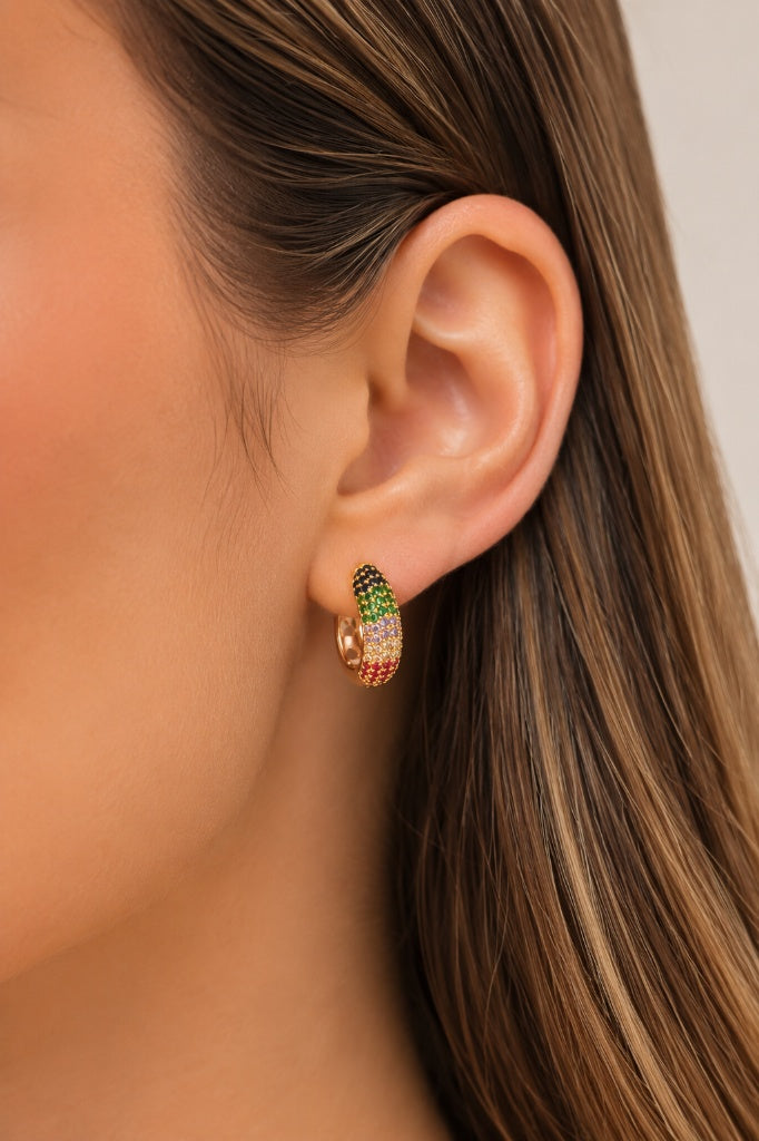 Brinco Argola Cravejada Fancy 5 Fileiras Zircônia Color G Ouro 18k