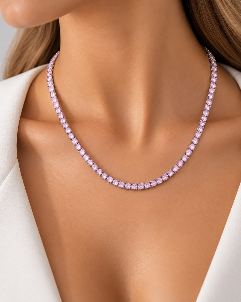 Colar Riviera Três Pontas Quartzo Rosa Ródio Branco