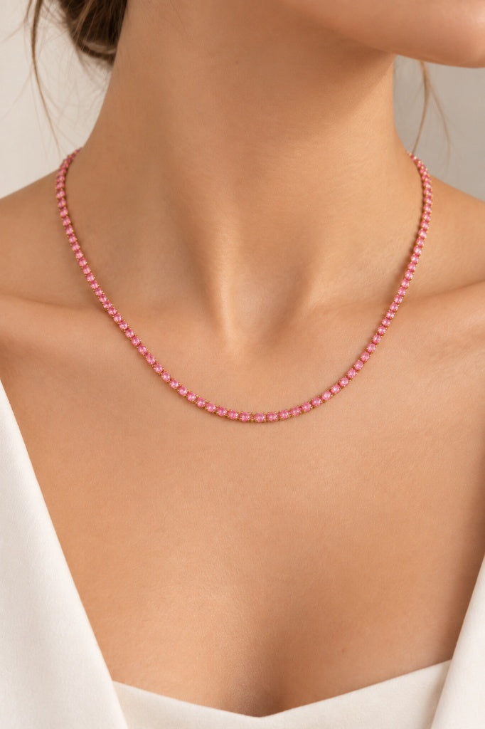 Colar Riviera Três Pontas Pink Ouro 18k