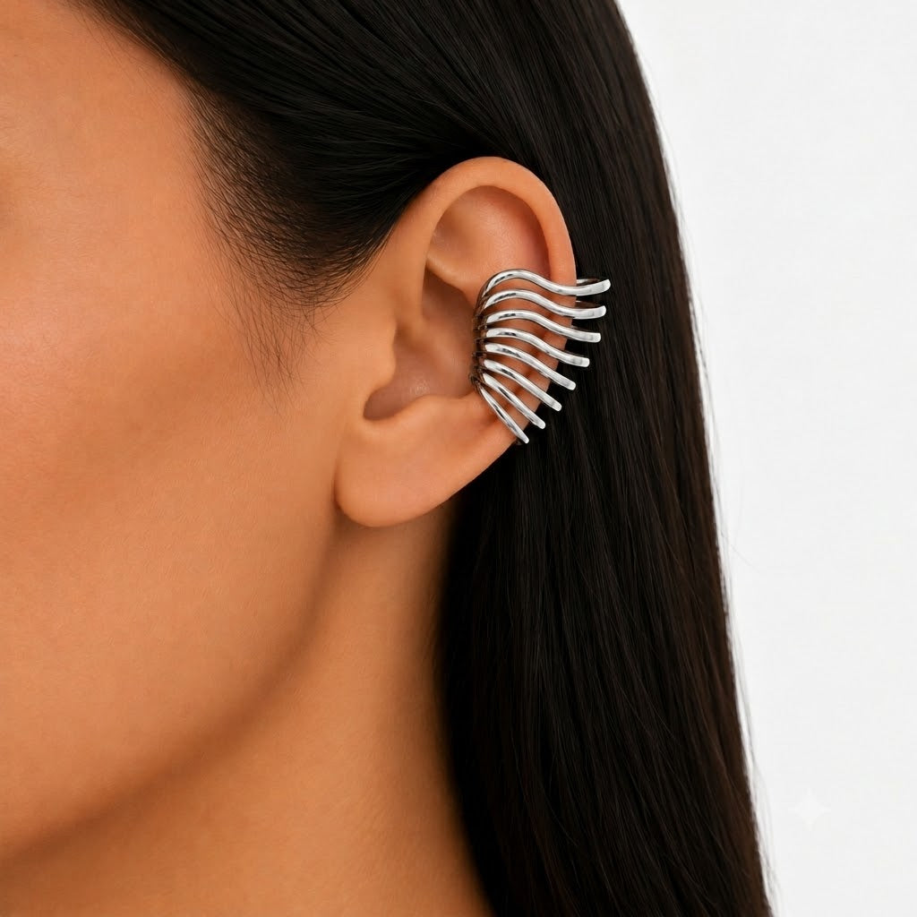 Brinco Piercing Fake Ondas Ródio Branco