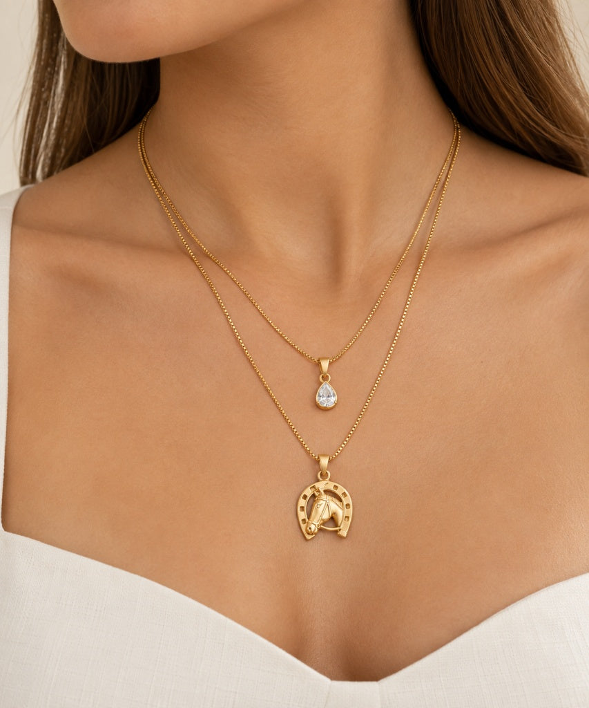 Colar Duplo Veneziana Ferradura com Cavalo Ouro 18k