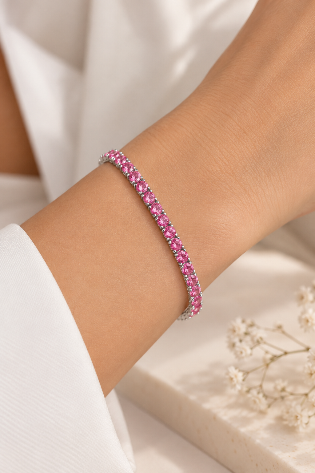 Pulseira Riviera Três Pontas Pink Ródio Branco