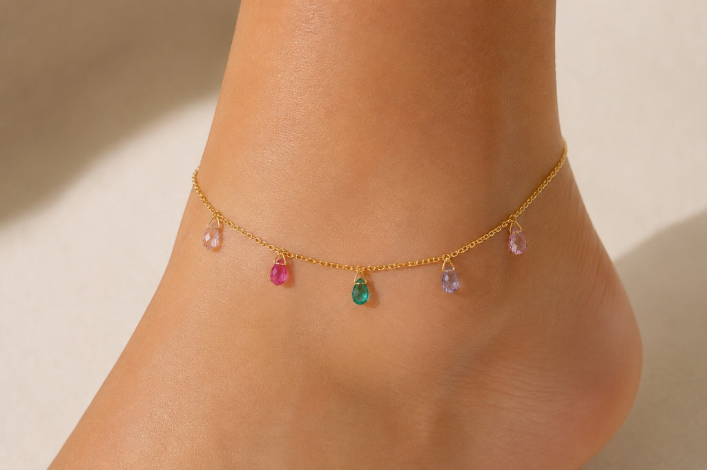 Tornozeleira Cartier com Zircônia Colorida Ouro 18k