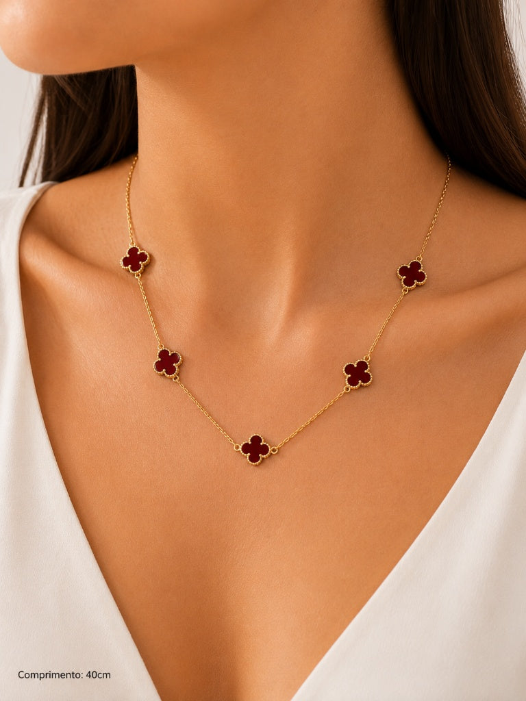 Colar Trevo Polímero Cereja Ouro 18k