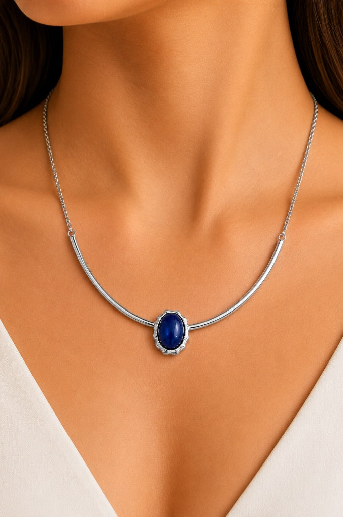 Colar Aro Deusa Safira Azul Ródio Branco