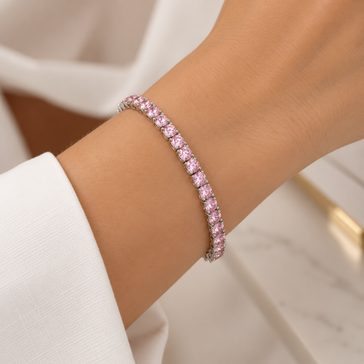Pulseira Riviera Três Pontas Quartzo Rosa Ródio Branco