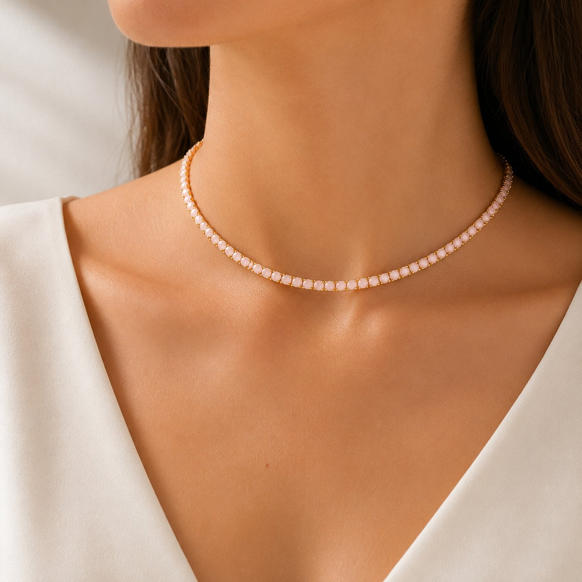 Colar Riviera Quartzo Rosa 2mm Ouro 18k