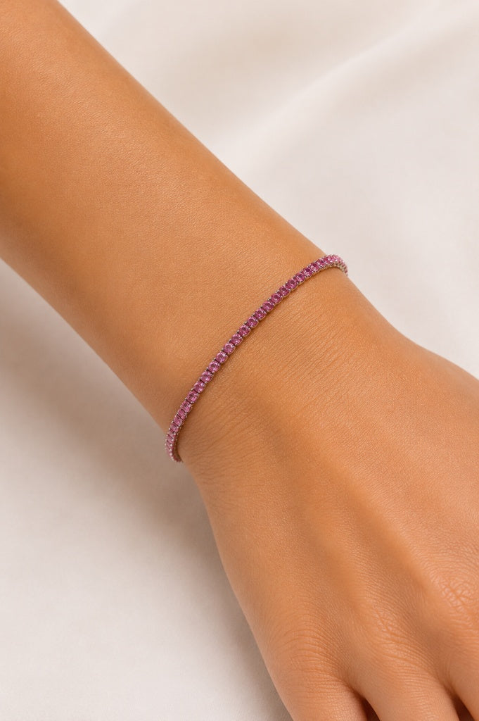 Pulseira Riviera Rosa 2mm Ródio Branco