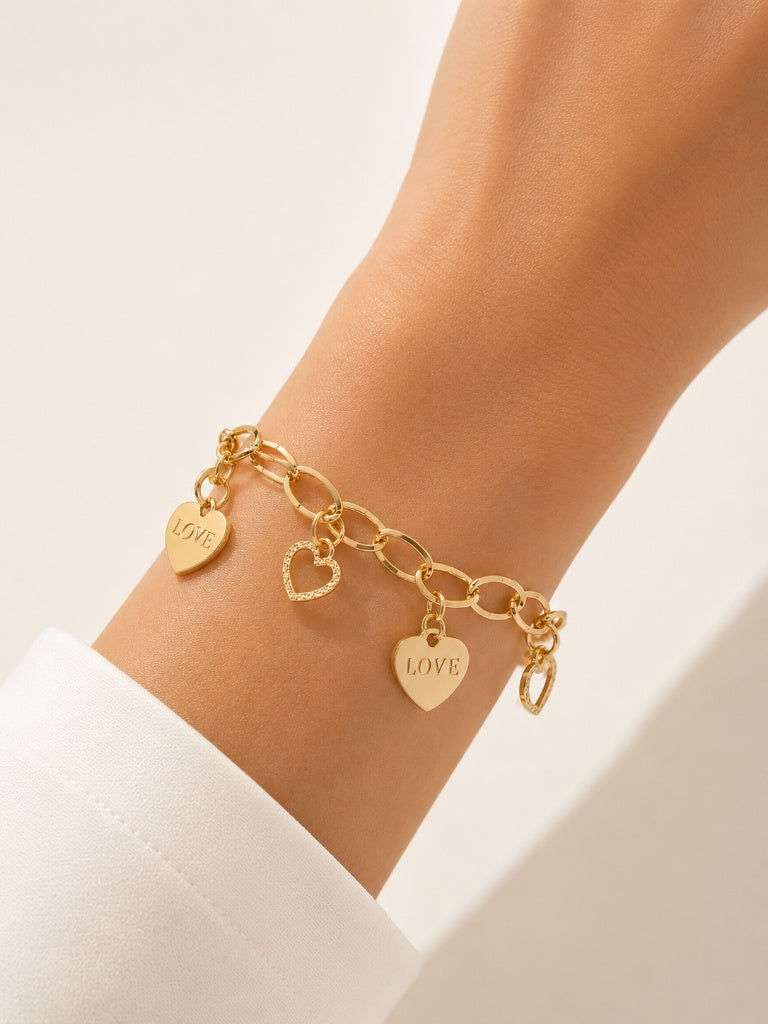 Pulseira Elos Ovais com Coração “Love" Ouro 18k