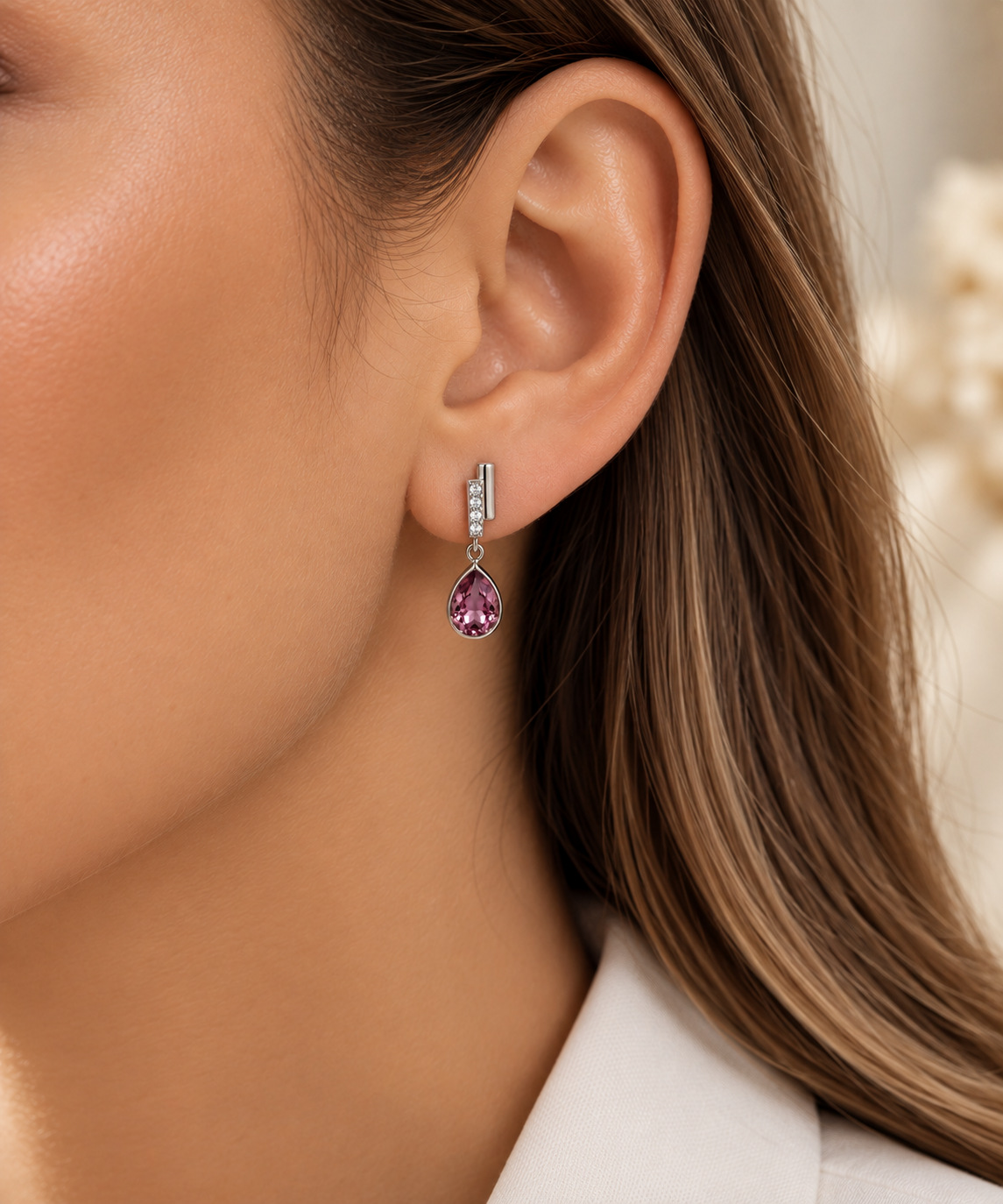 Brinco Pendulo Gota Violeta Prata 925