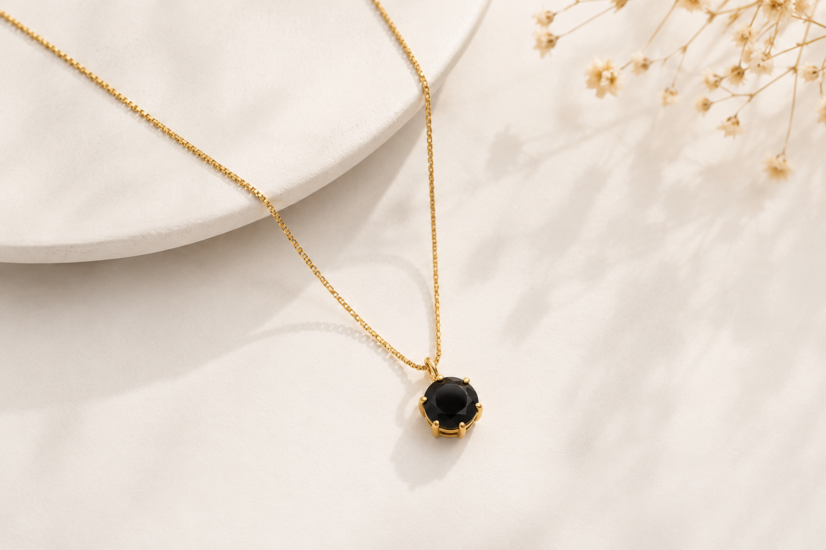 Colar Ponto de Luz Zircônia Ônix Ouro 18k