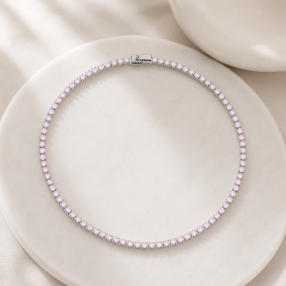 Colar Riviera Quartzo Rosa 2mm Ródio Branco