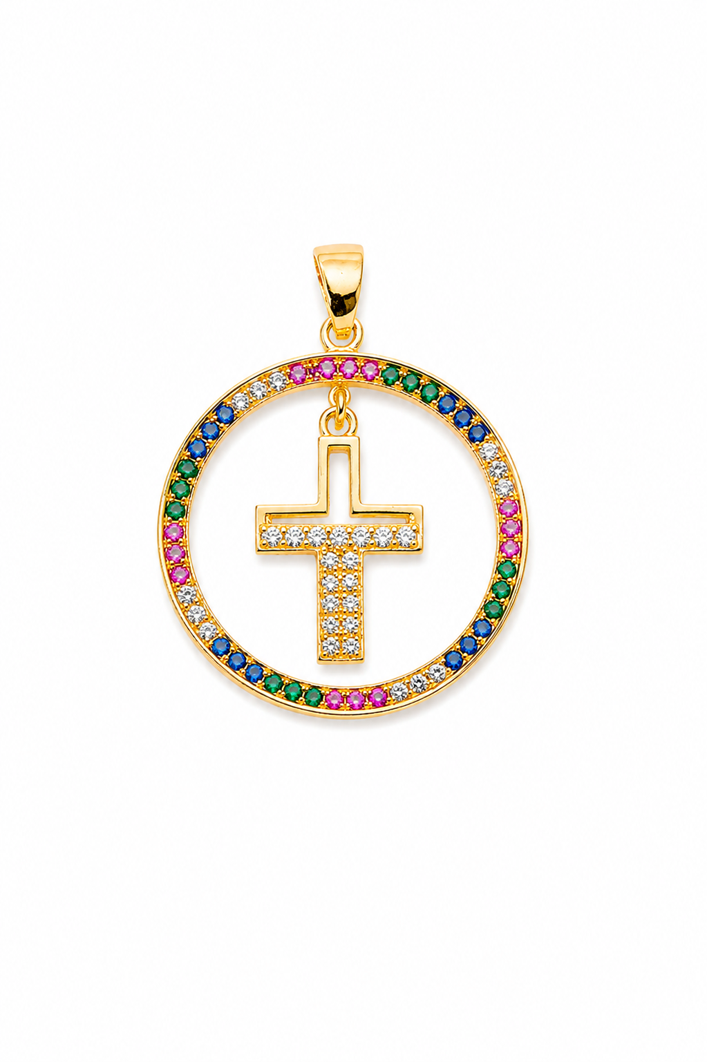 Pingente Redondo Cruz Pendulo Colorido Ouro 18k