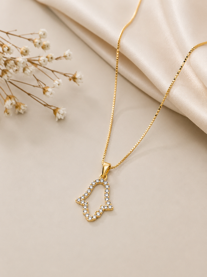 Colar Mão de Fátima Vazada com Zircônias Ouro 18k