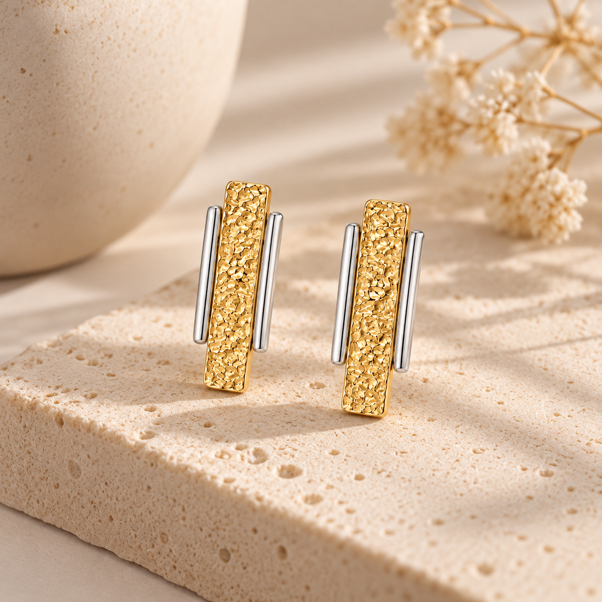 Brinco Retangular Duo Mix de Banho Ouro 18k