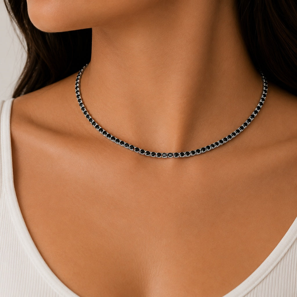 Colar Riviera Quartzo Preto 2mm Ródio Branco