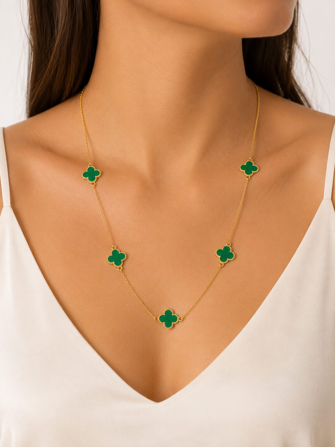 Colar Trevo P Puffer Verde Ouro 18k