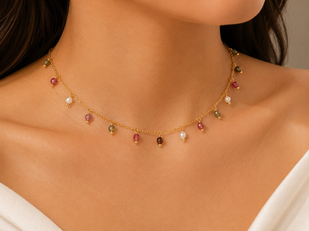 Choker Rondell com Pedra Natural Ágata Fogo e Pérola Ouro 18k