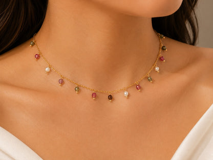 Choker Rondell com Pedra Natural Ágata Fogo e Pérola Ouro 18k