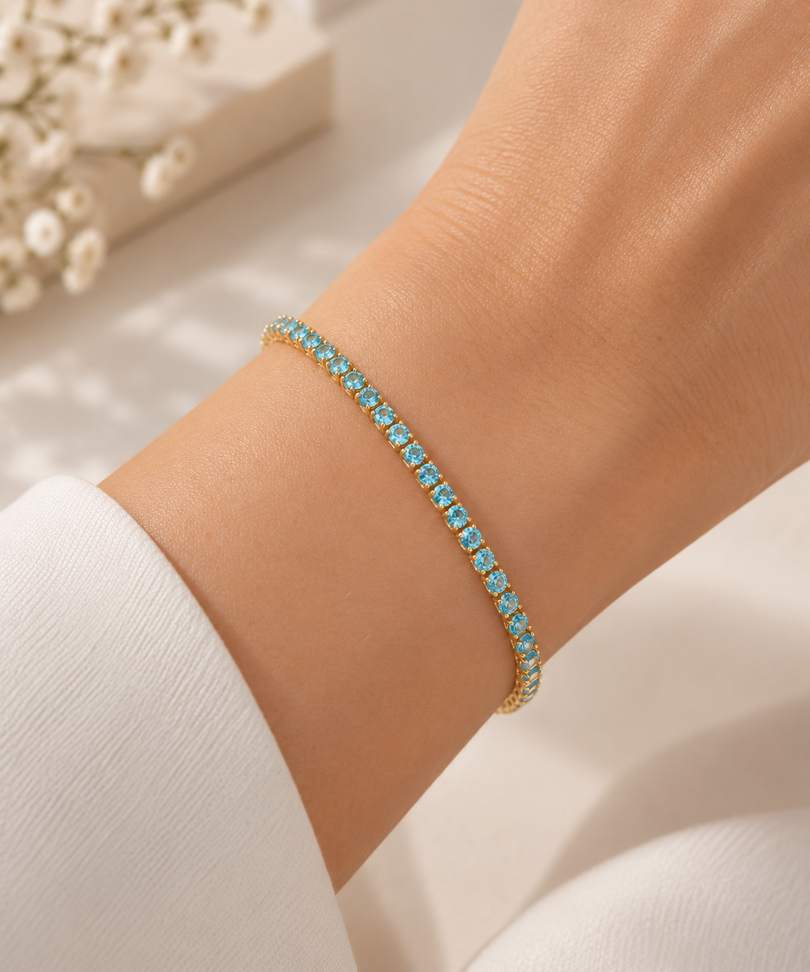 Pulseira Riviera Três Pontas Aquamarine Ouro 18k