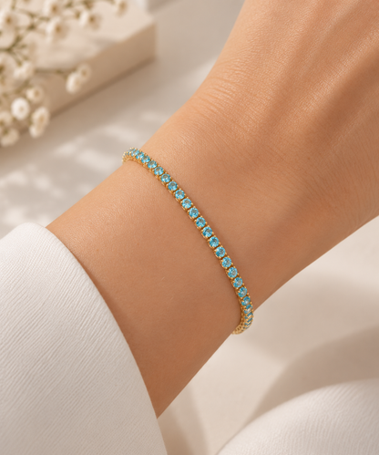 Pulseira Riviera Três Pontas Aquamarine Ouro 18k