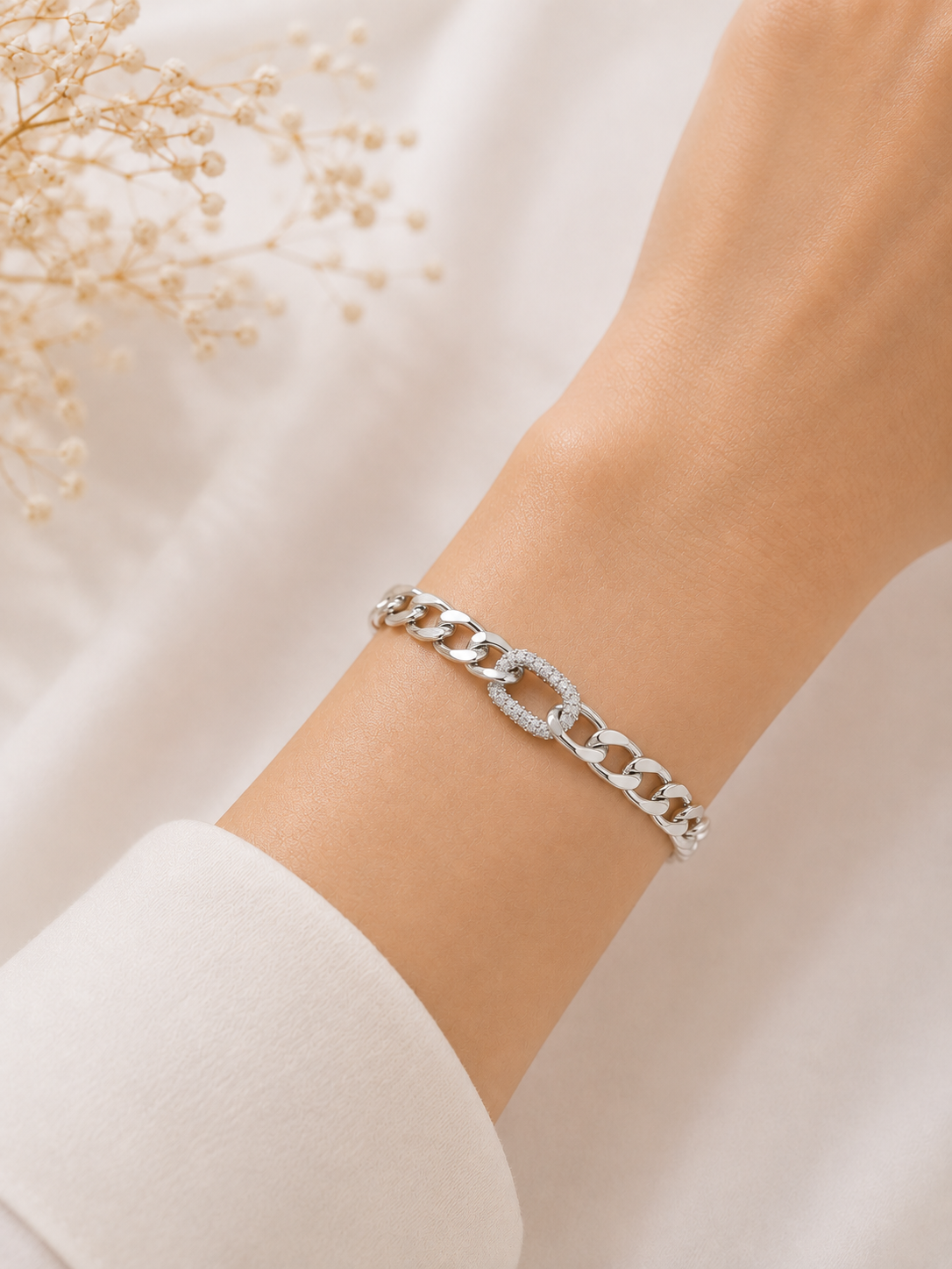 Pulseira Elo Groumet Cravejada Ródio Branco