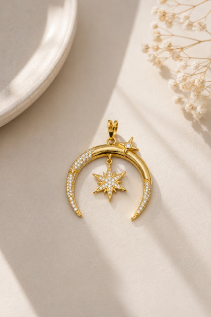 Pingente Lua e Estrela Cravejada Zircônia Ouro 18k