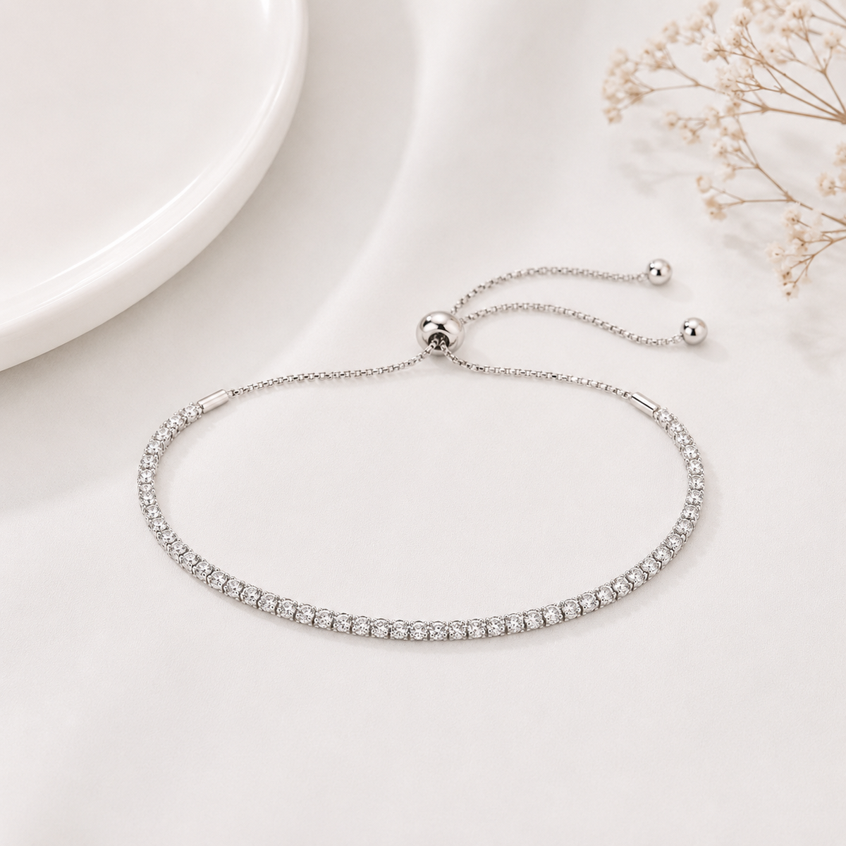 Pulseira Riviera 2mm Cristal Regulável Ródio Branco