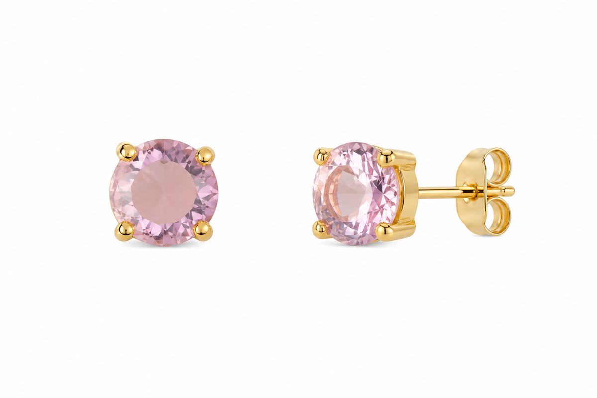 Brinco Ponto de Luz Quartzo Rosa 8mm Ouro 18k