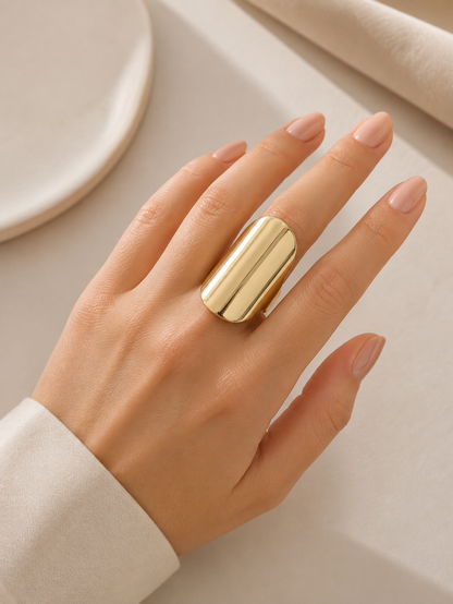 Anel Oval Alongado Liso Regulável Ouro 18k