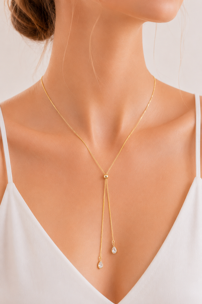 Colar Gravata com Duas Gotas Zircônia MontClair Ouro 18k