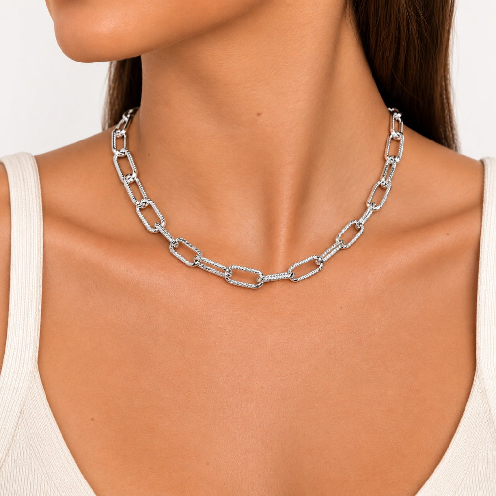 Choker Elo Longo Trabalhado Ródio Branco