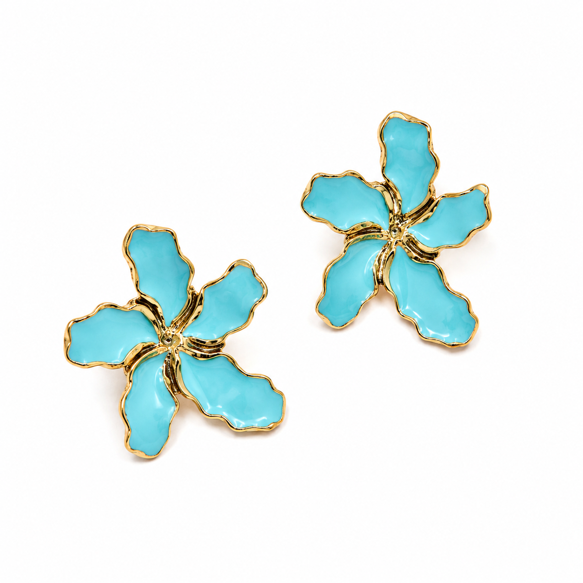 Brinco Flor Estrela Esmaltado Azul Ouro 18k